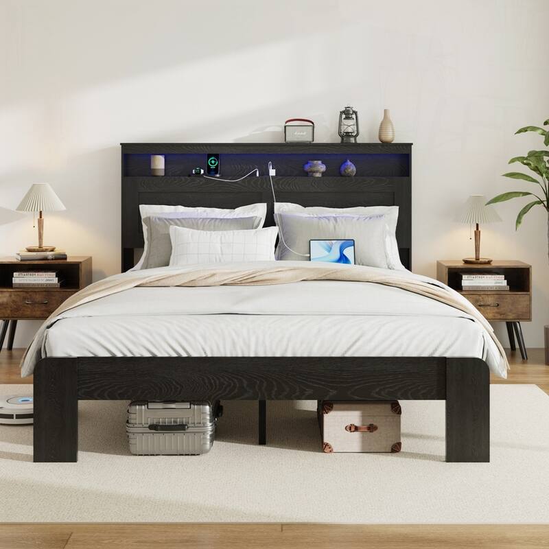 Wood Platform Bed Frame with Storage LED Light Headboard and 2 USB