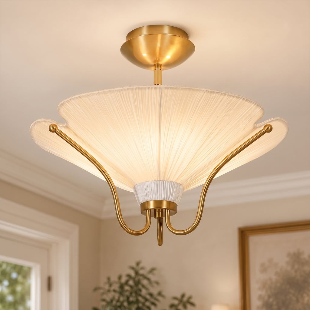18 in. 3-Light Modern Gold Pleated Fabric Semi-Flush Mount Ceiling Light - 18.1 in. Dia x 7.9 in. H