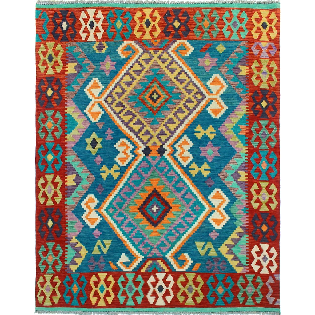 Flatweave Tansholp Blue/Red Rug - 5'0" x 6'6"