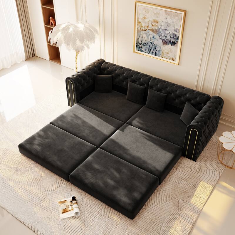 90.6" Velvet Pull Out Sofa Bed, 3-in-1 Convertible Sleeper Sofa with Movable Ottoman, Modern Button Tufted Chesterfield Sofa