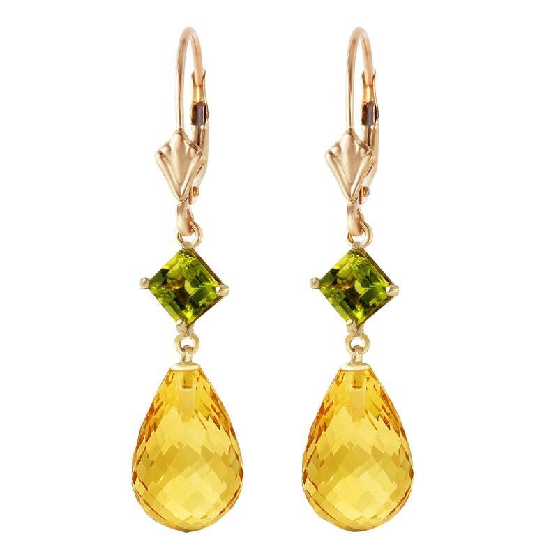 14K Solid Gold Leverback Gemstone Earrings Peridot & Citrine Certified