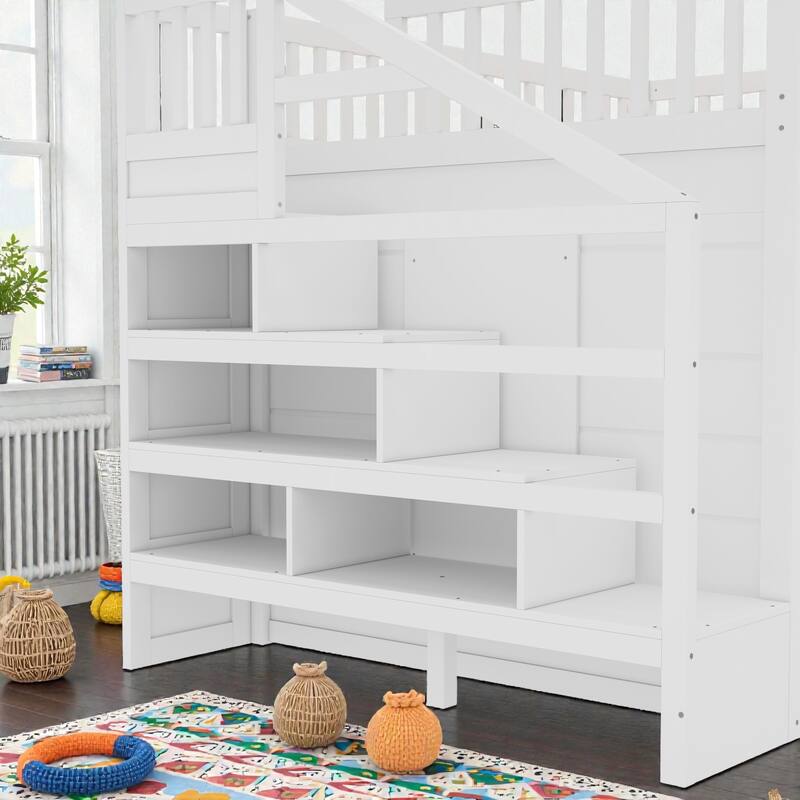 Loft Bed with Movable Desk, Storage Stairs & Shelves, Solid Wood Twin/Full High Loft Bed with Study Area & Safety Guardrails