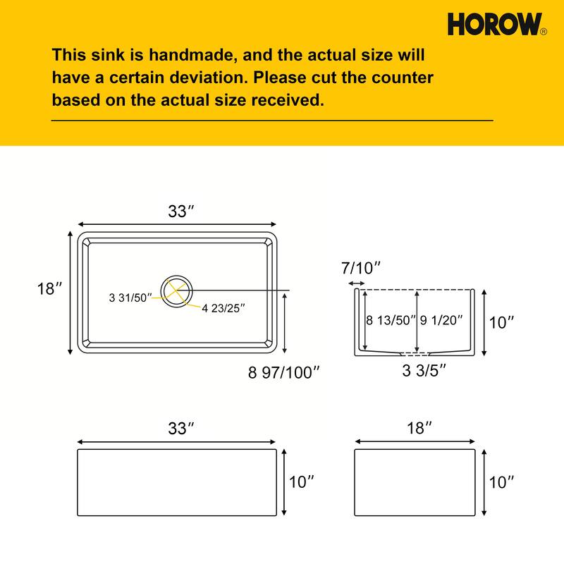 HOROW White Fireclay 33 in. L x 18 in. W Rectangular Single Bowl Farmhouse Apron Kitchen Sink with Grid and Strainer
