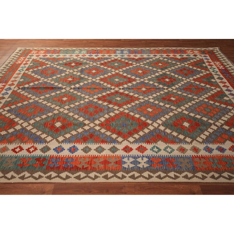 Reversible Geometric Kilim Area Rug Hand-Woven Wool Carpet - 8'2" x 10'5"