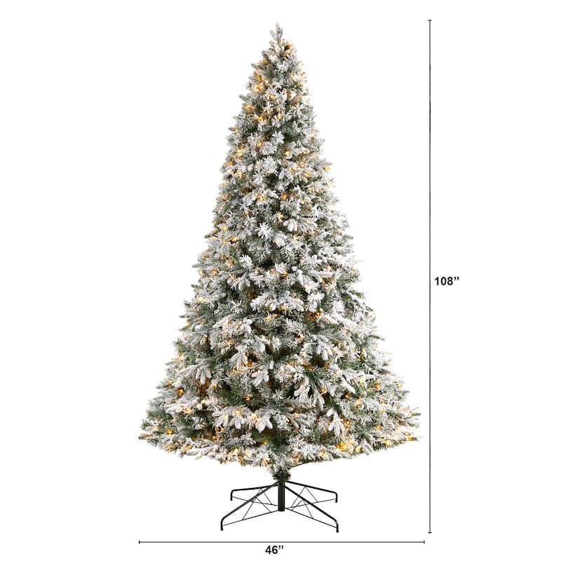 9ft Flocked Christmas Tree with Lights, Artificial Pine Tree, Holiday Decor, Realistic Holiday Tree - Green - 108