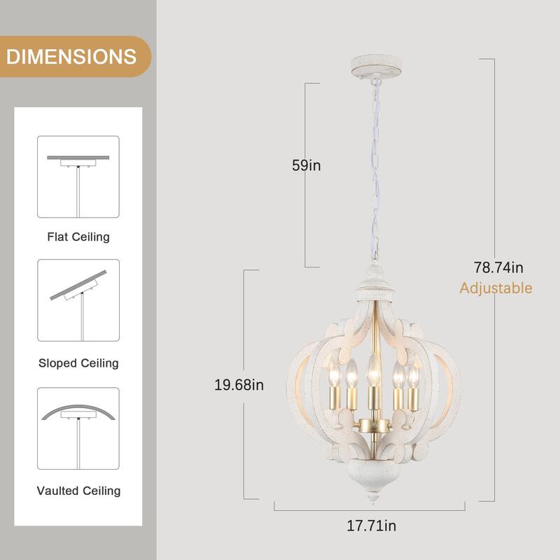 5-Light Country Wood Chandelier Light Fixture for Kitchen Island Dining Room