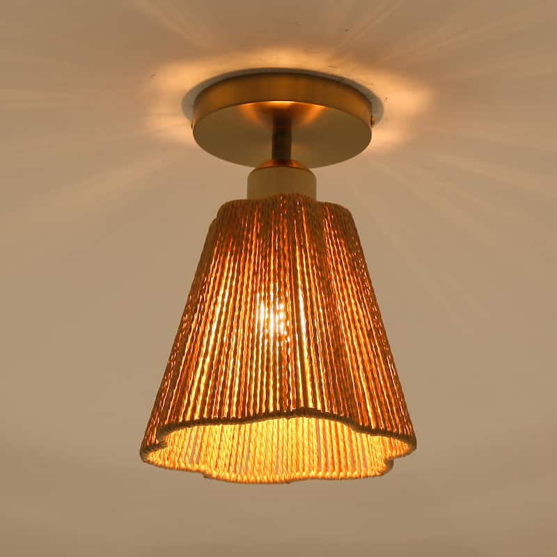 1-Light Brown Paper Rope Boho Semi-Flush Mount Ceiling Light