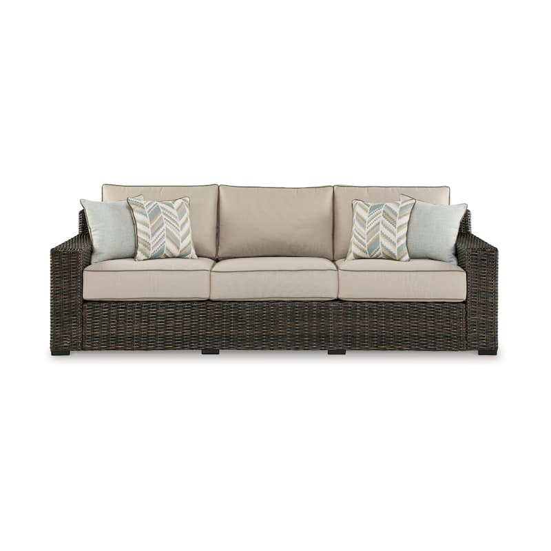 Waga 97 Inch Outdoor Sofa, 4 Throw Pillows, Brown Resin Wicker, Beige