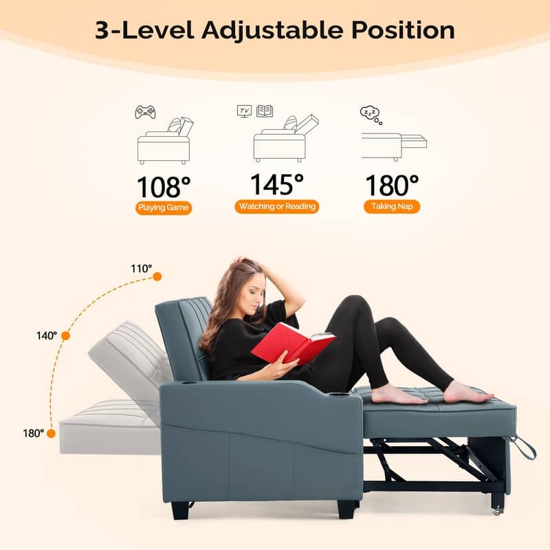 Upholstered Cat's Claw Leather Convertible Reclining Sleeper Sofa Bed With Cushions For Small Spaces