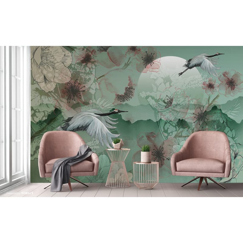 Serene Cranes and Blossoms Wallpaper Mural - Green - W:175" x H:118"