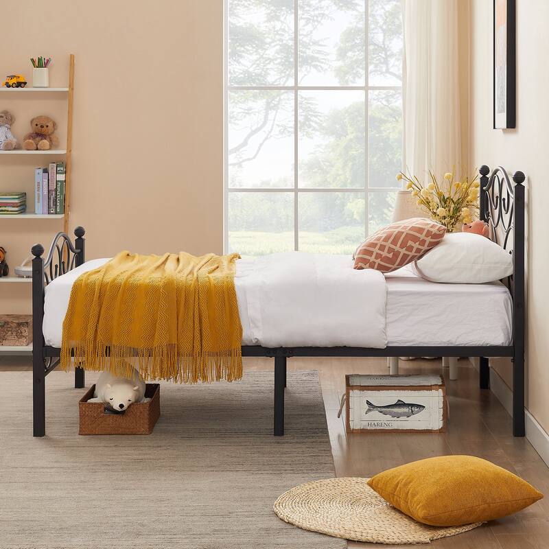 Javlergo 2-Pack Twin Size Victorian Metal Bed Frame for Kids with Headboard & Footboard No Box Spring Needed