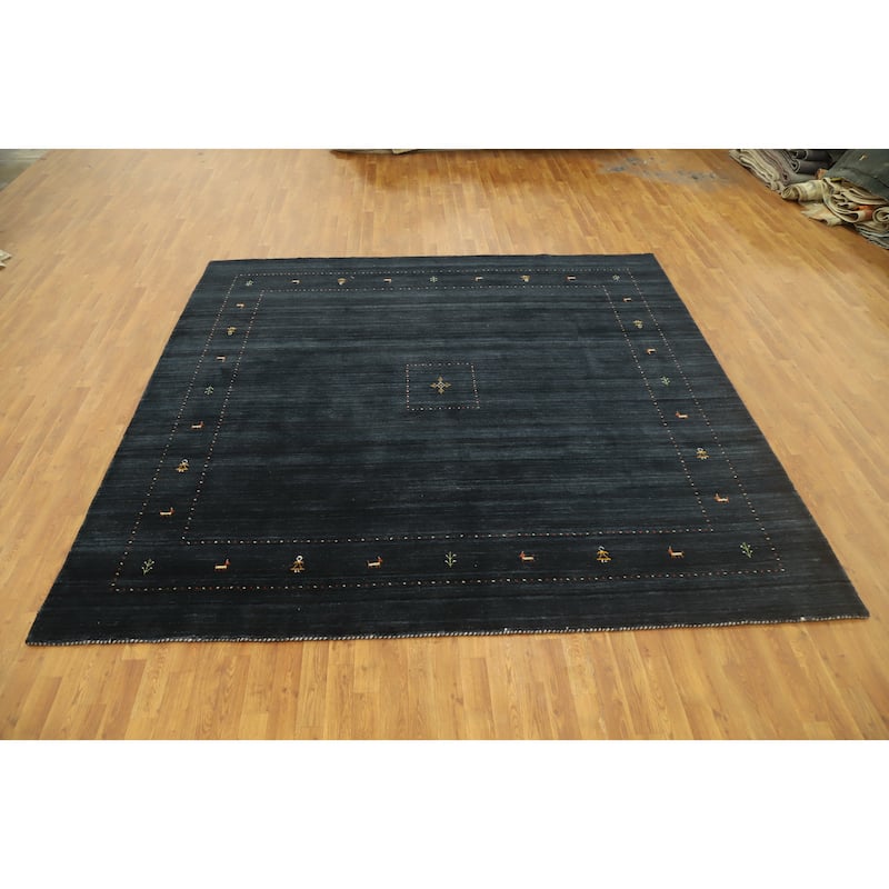 Hand Knotted Oriental 100% Wool Carpet Tribal Animal Pictorial Navy Blue & Blues Gabbeh Area Rug - 8' 11'' X 9' 3''