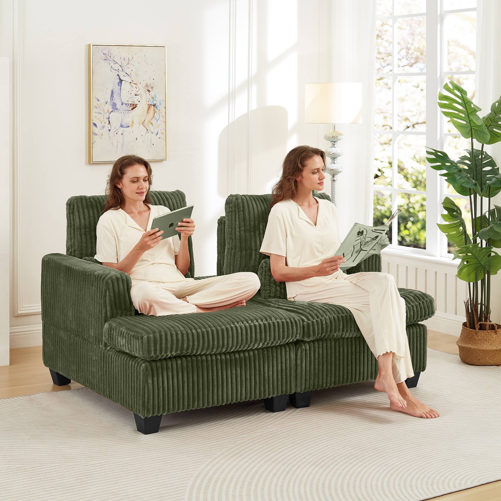Modern Modular 2-Seater Sofa, Corduroy Sofa with Adjustable Backrest, Square Handrail, for Living Room, Bedroom, Green