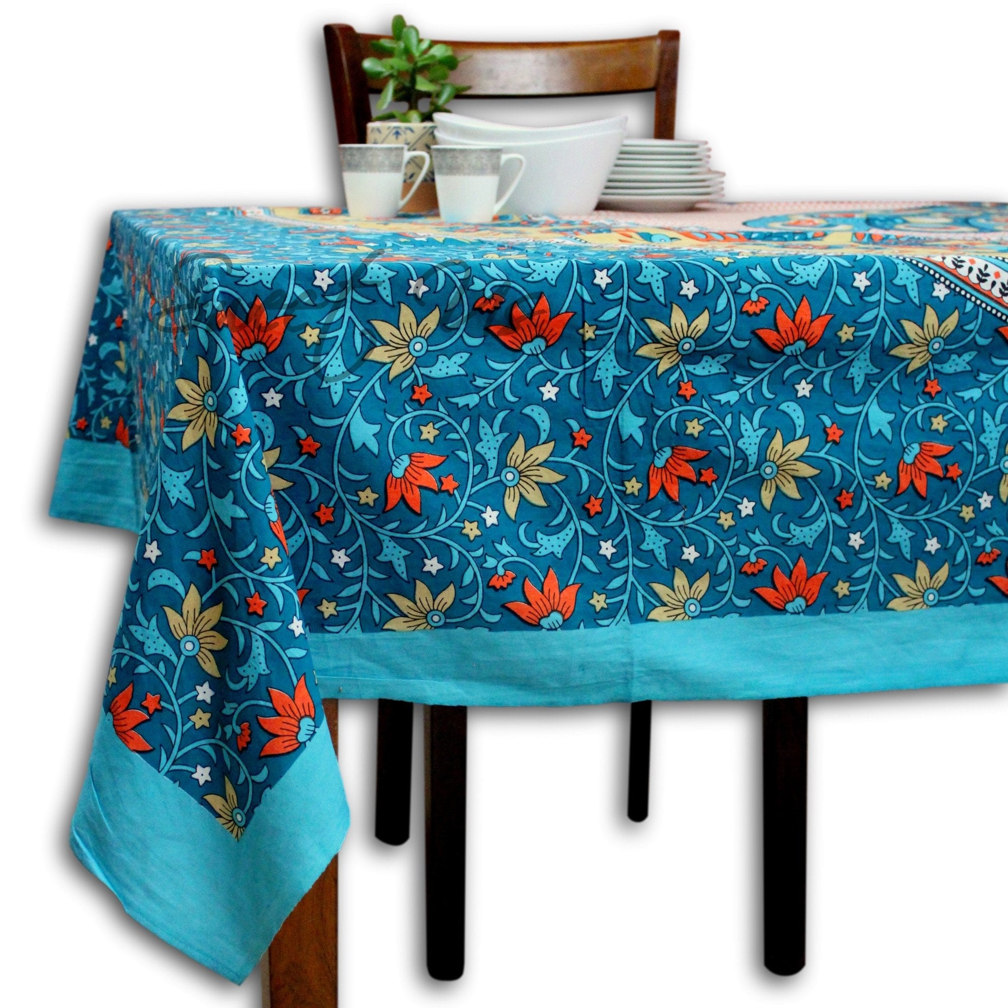 Cotton Floral Twin Peacock Tablecloth Indian BlockPrint Rectangle