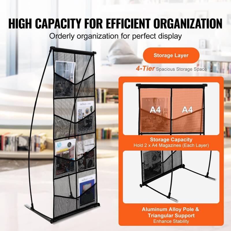 4-Tier Mesh Brochure Display Stand with 8 Pockets, Portable Rack - 20.87 x 17.32 x 52.76 in