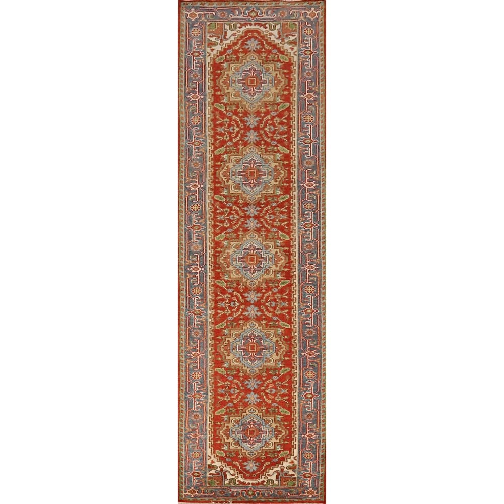 Geometric Heriz Serapi Runner Rug Hand-Knotted Orange Wool Carpet - 2'7" x 12'0"