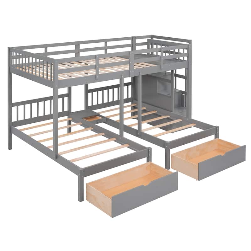 Full Over Twin & Twin Bunk Bed, Wood Triple Bunk Bed w/ Drawers & Guardrails, White