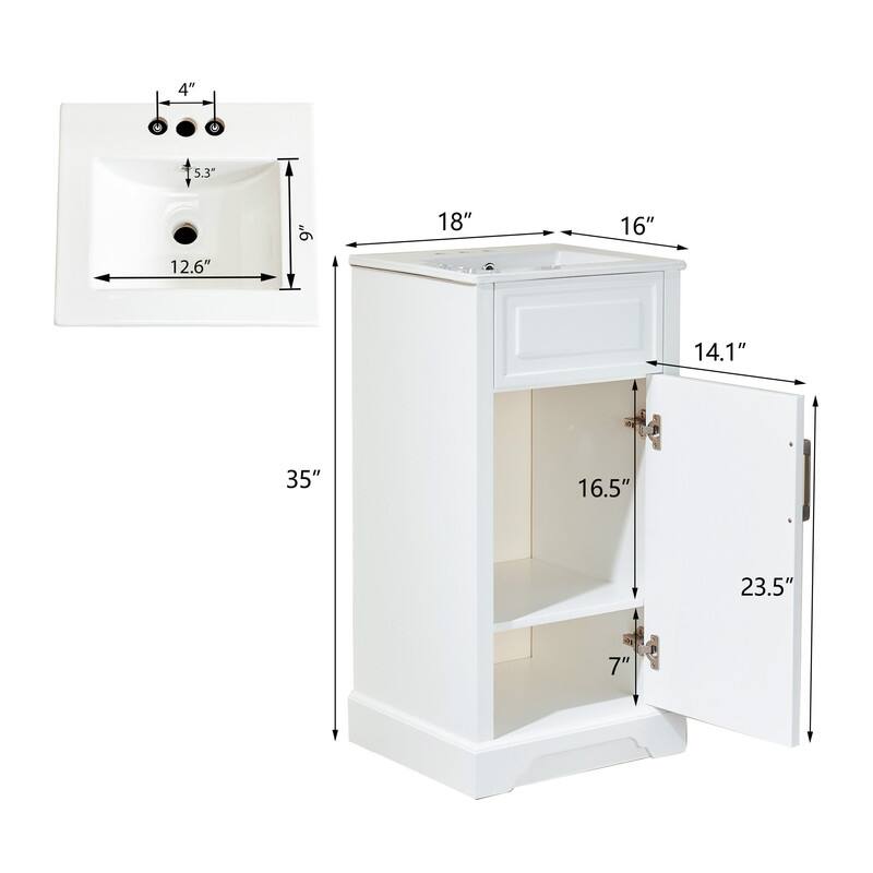 No Assembly Bathroom Vanity, 18" Freestanding with Integrated Top, Compact Single Sink Cabinet