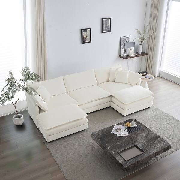UShaped White Sectional Sofa Livingroom Sleeper Couch with 2 Ottomans