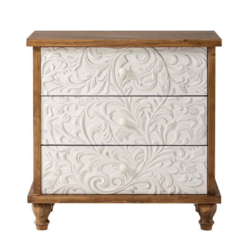 COZAYH 3 Drawer Farmhouse Nightstand with Embossed Weathered Flower Motif, Vintage Dresser, Boho