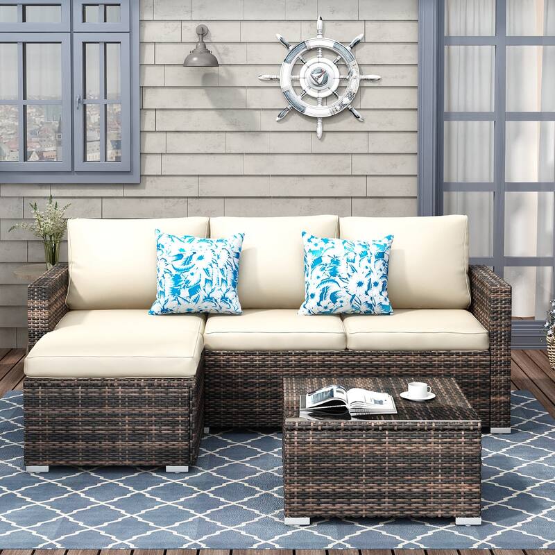 3-piece Patio Furniture Sets Resin Wicker Outdoor Sectional Sofa Chat Set - Beige