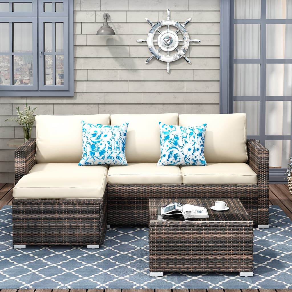 3-piece Outdoor Sectional Furniture All-weather Wicker Patio Conversation sets, Beige