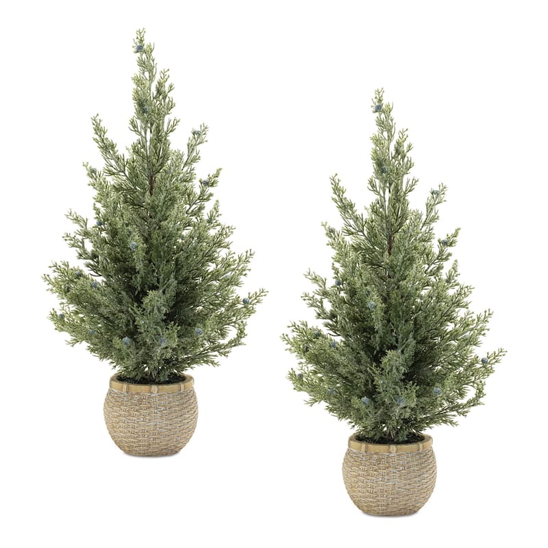 HomeRoots Set of Two 23" Green Artificial Pines In Round Faux Wicker Pots - 12.00 in. x 23.00 in. x 12.00 in.