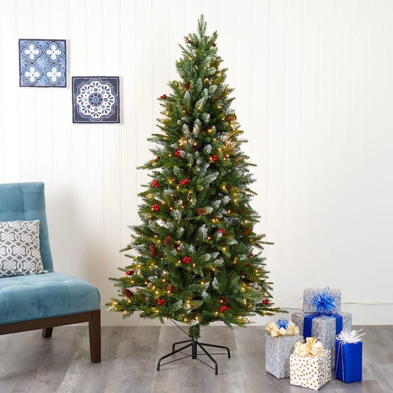 6ft. Snow Tipped Spruce Artificial Christmas Tree with Frosted Berries, Pinecones & 300 Clear LED Lights - Winter X-Mas Tree