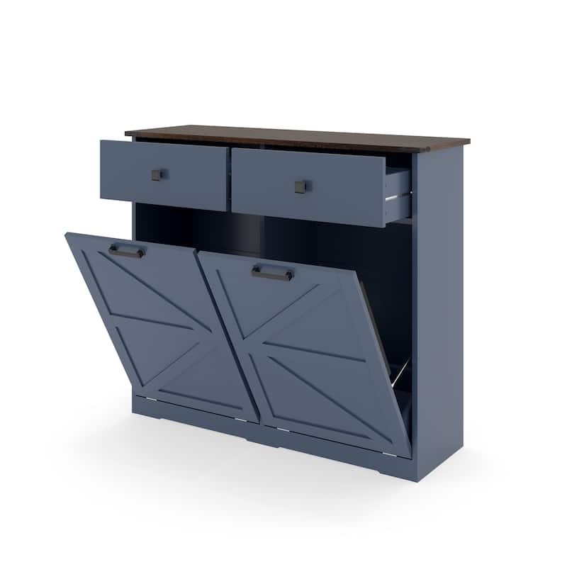 Farmhouse Double Tilt Out Trash Cabinet, Free Standing Recycling Cabinet with Hideaway Drawer, Barn Door Laundry Sorter Cabinet