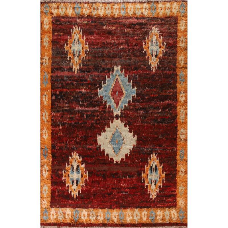 Hand Knotted Oriental 100% Wool Carpet Modern Tribal Red Moroccan Area Rug - 9' 9'' X 6' 8''