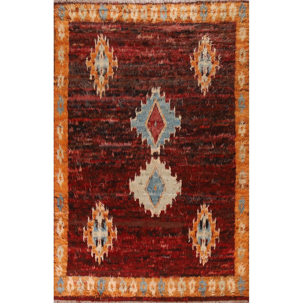 Hand Knotted Oriental 100% Wool Carpet Modern Tribal Red Moroccan Area Rug - 9' 9'' X 6' 8''