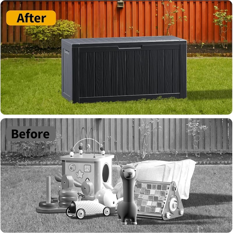 80gallon outdoor resin deck box weatherproofwith hydraulic rod, bench