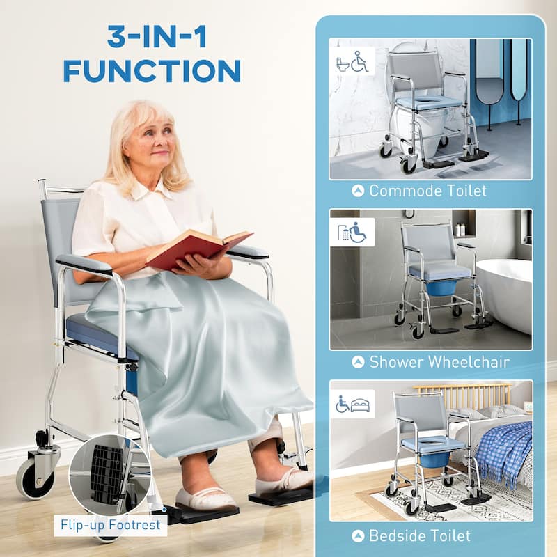 HOMCOM Rolling Shower Chair with Wheels, Bedside Commode Wheelchair with Padded Seat, Backrest, for Handicap