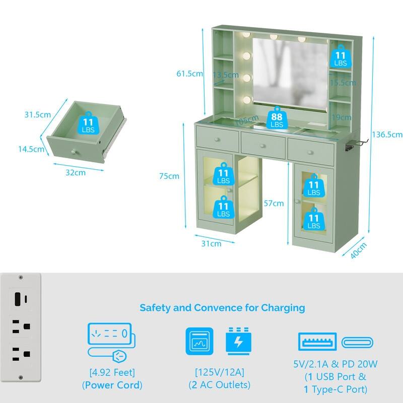 Particle Board Veneered 3 Drawers 2 Glass Doors Left and Right 2-tier Shelves Glass Tabletop Dressing Table - N/A