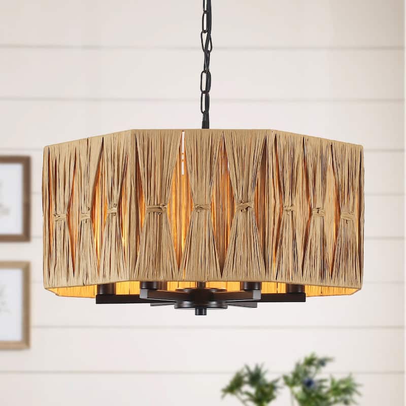 18.89-inch Hawaiian-style 6-light metal chandelier with imitation raffia lampshades and adjustable height - Black and Brown