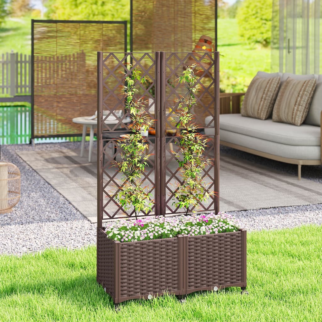 Outsunny Planter Box with Trellis, Self Watering Raised Garden Bed with Lockable Wheels, 56.3" Trellis Privacy Planter