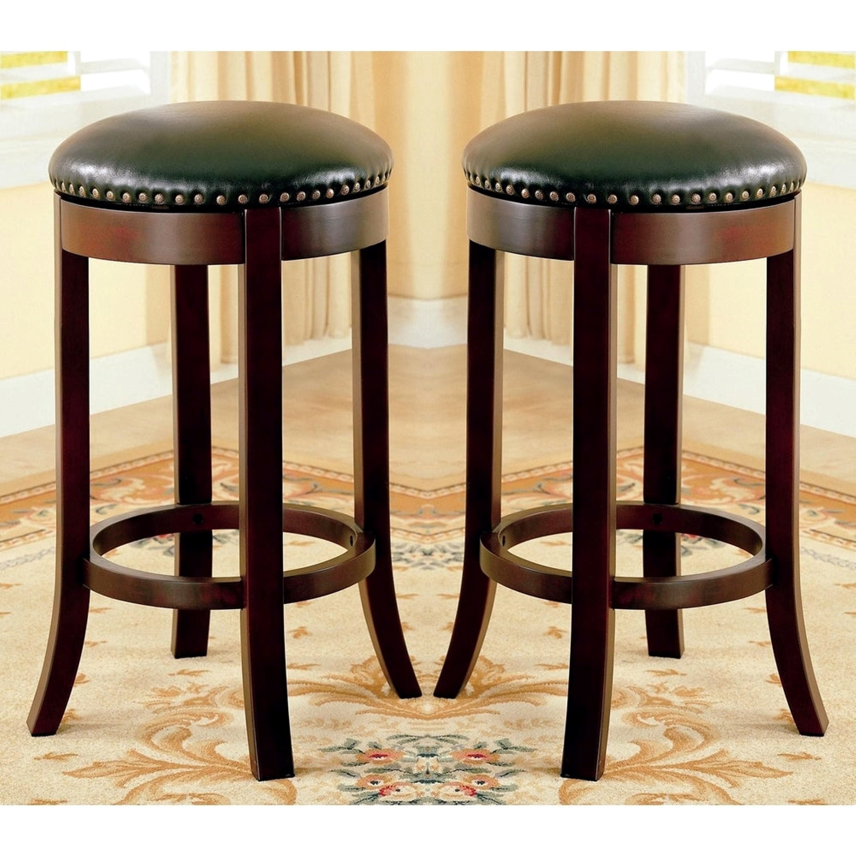 Classic Black Leatherette Wood Swivel Bar Stools with Nailhead