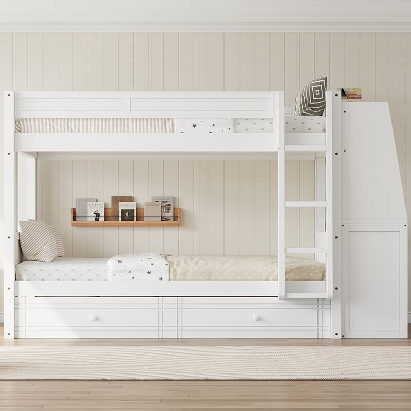 Full Size Multifunctional Bunk Bed Frame with Bookshelves, Desk and Cabinet, Optional with Pull-out Drawers or Trundle Bed
