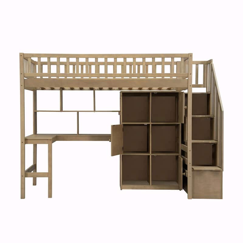 Wooden Twin Loft Bed with Built-in Desk, LED Lights, Storage Shelves, Cabinets & Staircase