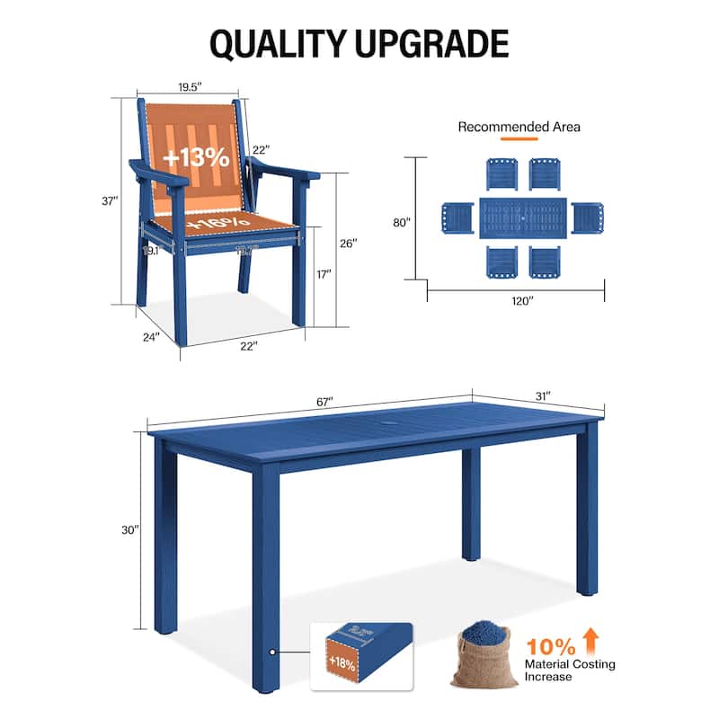 WINSOON 7-Piece HIPS All Weather Outdoor Patio Dining Sets with Umbrella Hole& Aluminum Frame,1-Table 6-Chairs