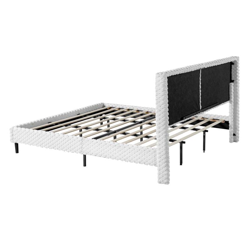 Simple Modern Fabric Platform Bed White Plush Soft Bed with Backrest, Bedroom Upholstered Bed with Metal Brackets