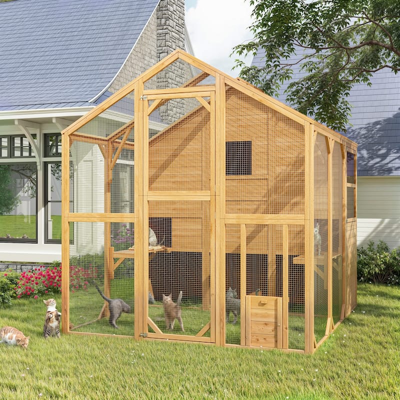 Large Outdoor Wooden Chicken Coop & Cat Enclosure with Run, 2 Colors Pet Cage