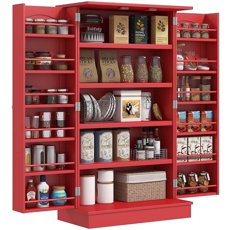 41" Kitchen Pantry Storage Cabinet, Freestanding Kitchen Cabinet with 12 Door Shelves, Double Doors, 5-tier Shelving - Red