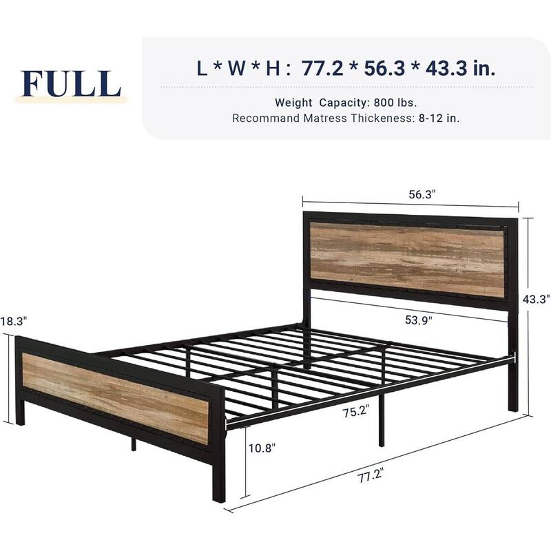 Industrial Rivet Design Wood and Metal Bed Frame with Storage Space