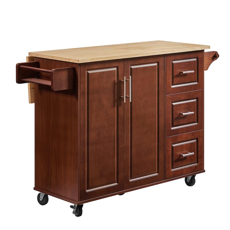 GDF Studio - Ashford Portable Wooden Kitchen Island Cart with Drop-Leaf Countertop & 3 Drawers