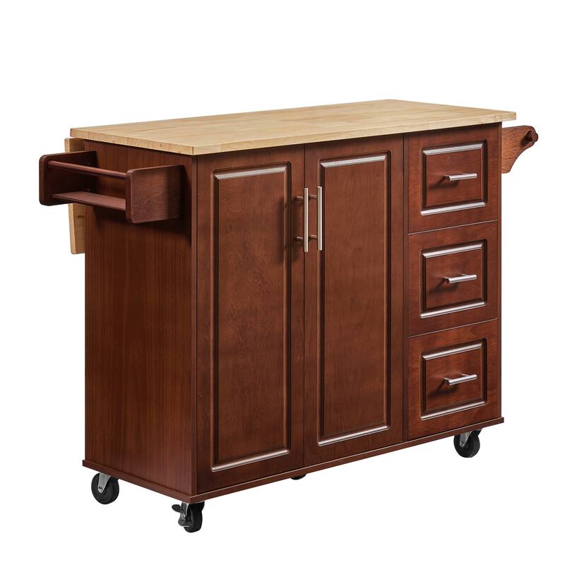Portable Wooden Kitchen Island Cart Large Capacity with 3 Drawers, Folding Table Spice Rack and Towel Rack, for Small Spaces