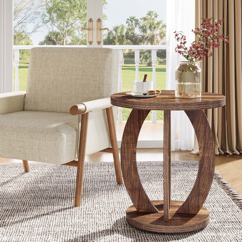 Round Side Table with Storage, Farmhouse End Table for Living Room Small Space
