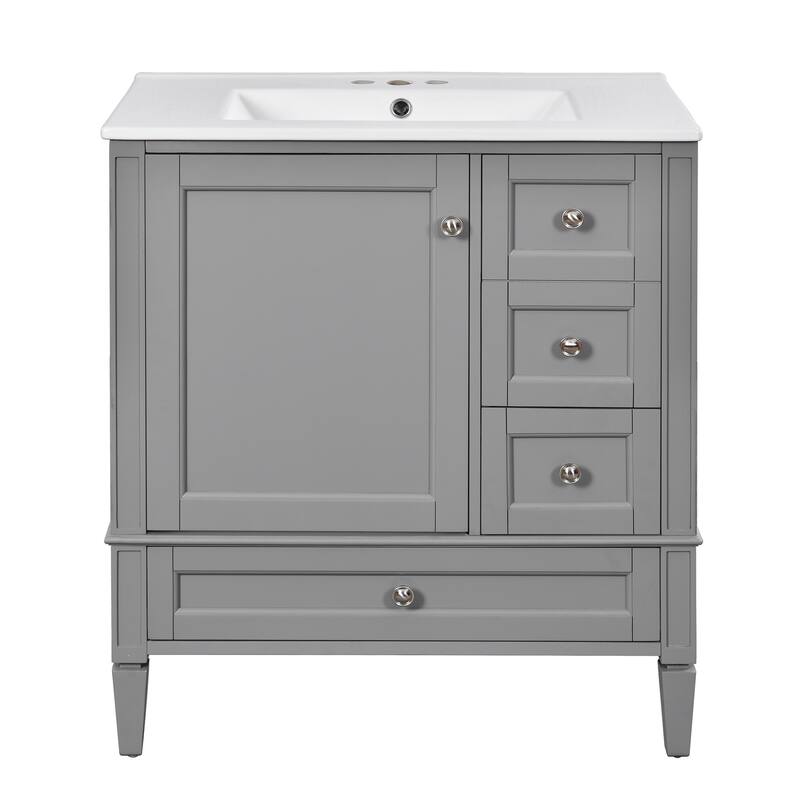 Bathroom Vanity with Ceramic Sink, Bathroom Cabinet with Soft Closing Doors, Vanity Set with 2-Tier Storage Rack and 3 Drawers