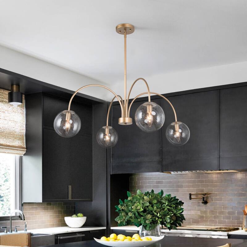 Koini Modern Gold Wheel Chandelier Curved Arms Seeded Glass Adjustable for Dining/ Living Room - Matte Gold - D33" x H79.5"