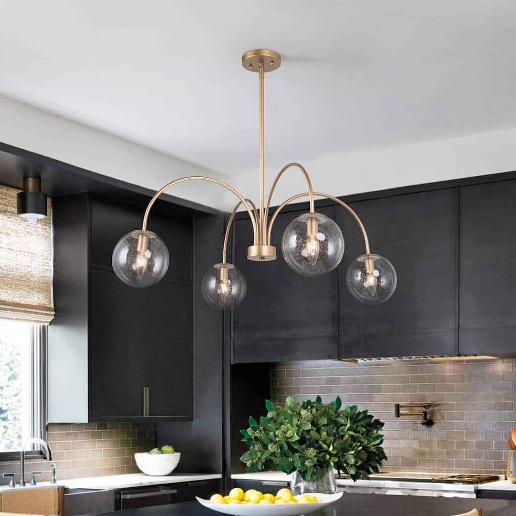 Koini Modern Gold Wheel Chandelier Curved Arms Seeded Glass Adjustable for Dining/ Living Room - Matte Gold - D33" x H79.5"